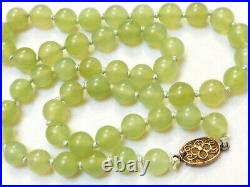 Chinese Vintage Celadon Green Jade 11mm Beaded Necklace, Silver Clasp, 81grams