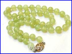 Chinese Vintage Celadon Green Jade 11mm Beaded Necklace, Silver Clasp, 81grams
