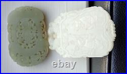 Chinese white and Celadon Jade Carved Pendant Plaque nephrite Hetian marked
