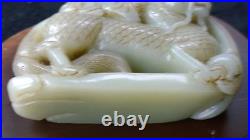 Extra Fine Chinese Celadon Jade Statue Boy withBall Rides Water Dragon 3 3/4
