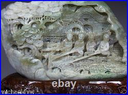 Fine Hetian Celadon Nephrite Jade Pine Tree 4 Maids Angling Antique Statue