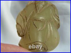 HAntique Chinese Wise Old scholor Carved Celadon Jade pendant statue