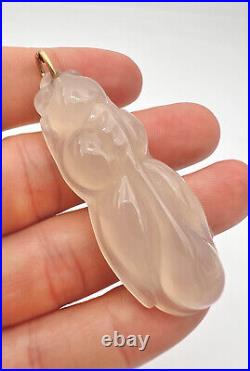 Old Chinese 14k Gold Carved Moth Bug Icy Celadon Hetian Translucent Jade Pendant