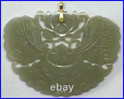 Old Chinese Hand Carved Celadon Nephrite Jade Pendant with 14K Gold Bail