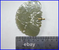 Old Chinese Hand Carved Celadon Nephrite Jade Pendant with 14K Gold Bail