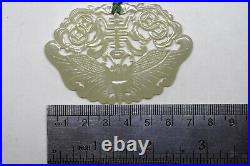 Old Detailed Chinese Hand Carved Celadon Nephrite Jade Butterfly Necklace