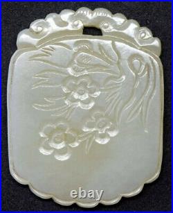 Old Detailed Chinese Hand Carved Floral Celadon Nephrite Jade Pendant