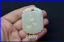 Old Detailed Chinese Hand Carved Floral Celadon Nephrite Jade Pendant