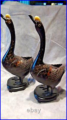 PAIR ANTIQUE 19c CHINESE GOOSES EBONIZED HORN CARVED, MOP AND JADE CELADON