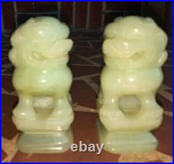Pair Chinese Carved Green Celadon Jade Foo Lion Dragon Dog Figurines