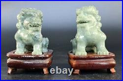 Pair Of Chinese Carved Foo Dogs Celadon Nephrite Jade Carved Sculpture On Stands