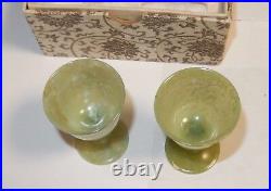 Pair Of Small Chinese Translucent Celadon Jade Bowl Compote Cups In Original Box