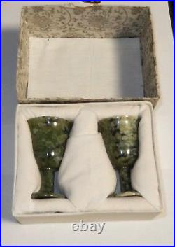 Pair Of Small Chinese Translucent Celadon Spinach Jade Bowl Compote Cups In Box