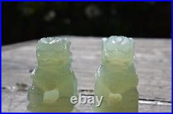 Pair of Chinese Hand Carved Foo Dogs Celadon Nephrite Jade Guardian Lion Dogs