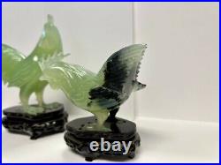 Pair of Hand Carved Chinese Celadon Jade Roosters on Stands RARE