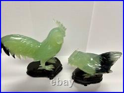 Pair of Hand Carved Chinese Celadon Jade Roosters on Stands RARE