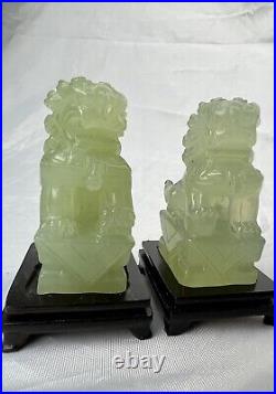 Translucent Celadon Jade Chinese Antique Foo Dog Carving Pair with Stands