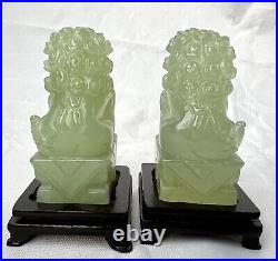 Translucent Celadon Jade Chinese Antique Foo Dog Carving Pair with Stands