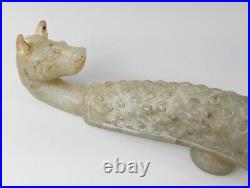 Vintage 20th C Chinese Carved Celadon Jade Like Soapstone Belt Hook Animal Heads