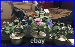 Vintage Chinese Bonsai Tree Jade Stone Glass Leaves Celadon Pot 14