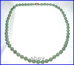 Vintage Chinese Celadon Green Jadeite Jade Bead Necklace w. Silver Clasp (-)