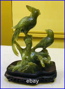 Vintage Chinese Jade Jadeite Hand Carved Double Bird Statue Sculpture