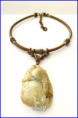 Vintage Chinese Natural Carved Jade Pendant On Macrame Silk Necklace Old & Rare