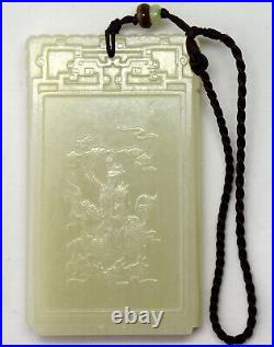 Vintage Detailed Chinese Hand Carved Celadon Nephrite Jade Pendant 75mmX43mm