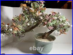Vintage Hand Wired Asian Jade And Glass Bonsai Tree Celadon Vase 15 H X 18W