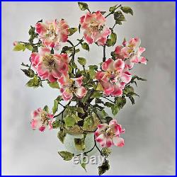 Vintage Jade Glass Bonsai Tree Pink White Flower Rose Quartz Celadon Pot 22