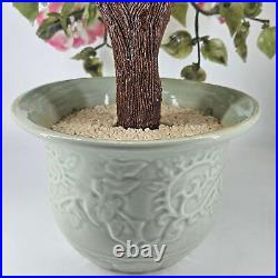 Vintage Jade Glass Bonsai Tree Pink White Flower Rose Quartz Celadon Pot 22