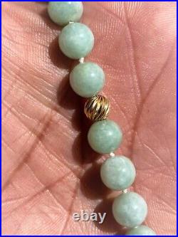 Vintage Mid-20th C. Chinese Pale Celadon Jade & Fluted 14K Gold Bead Necklace