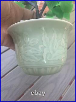 Vintage Oriental Asian Jade Glass Flowering Bonsai Tree Celadon With Markings