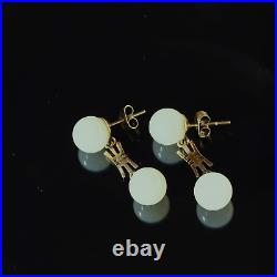 Vtg 14k Gold Estate Chinese Celadon Jade Bead Long Life Pendant Earrings