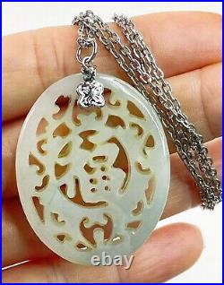 Vtg Chinese Carved Mutton Fat White Celadon Hetian Jade Buckle Pendant Chain 25